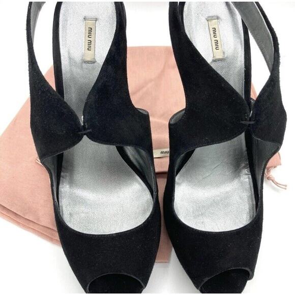 Miu Miu Black Suede Sling Back Peep Toe Heels Sandals 40 - Picture 3 of 4